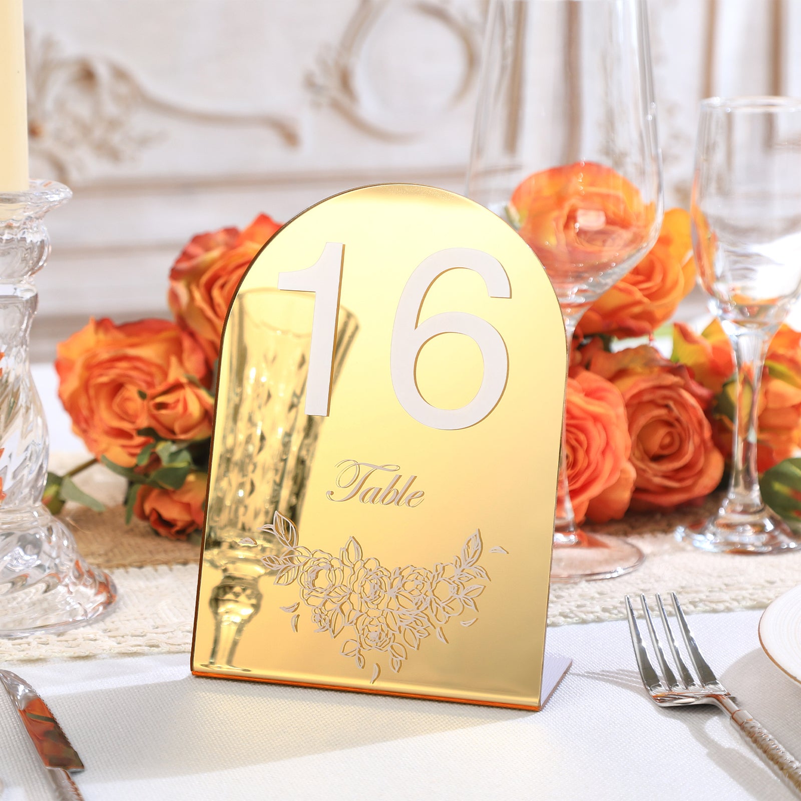 UNIQOOO Gold Mirror Wedding Table Numbers with Stands 1-20 set, 5x7'' Acrylic Arch Signs with Holders and Printed Calligraphy