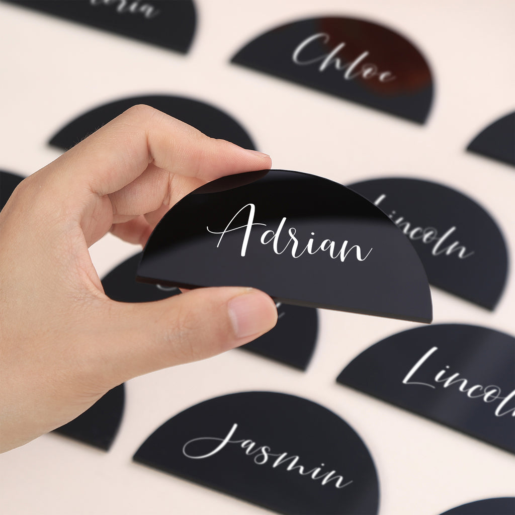 20 Pcs Black Semicircle Acrylic Place Cards, DIY Blank Half Circle Acrylic Sign, 1/8 inch Thick Perfect for Wedding Table Decor, Birthday, Centerpiece, Decoration, Party, Event,3.5x2 inches