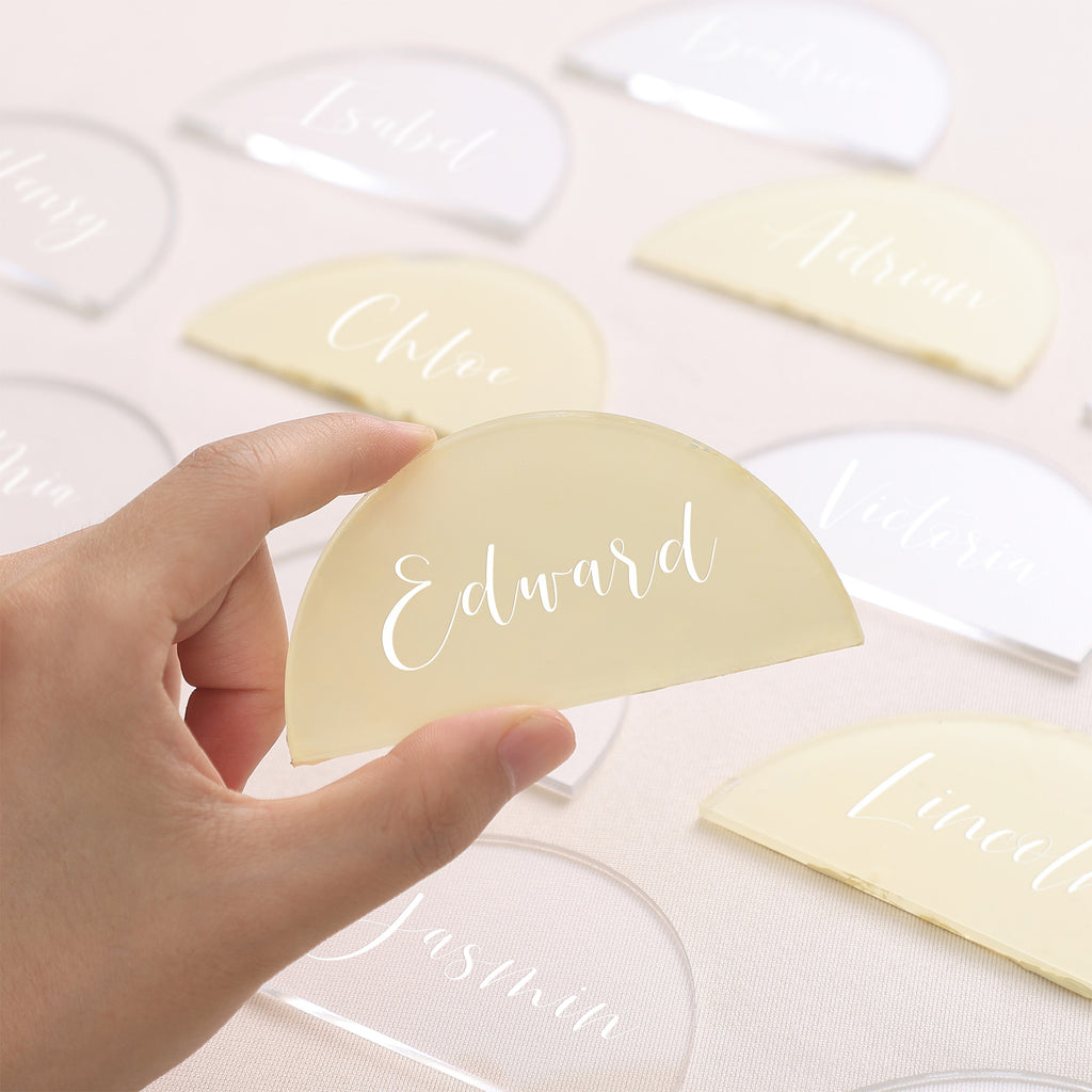 20 Pcs Clear Semicircle Acrylic Place Cards, 3.5x2 inches DIY Blank Half Circle Acrylic Sign, 1/8 inch Thick Perfect for Wedding Table Decor, Birthday, Centerpiece, Decoration, Party, Event