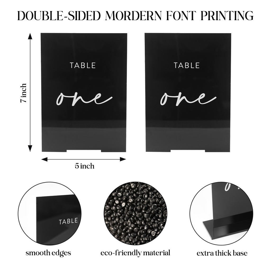 UNIQOOO Black Wedding Double Sided Table Numbers with Stands 1-15 set, 5x7'' Acrylic Signs with Holders and Printed Calligraphy