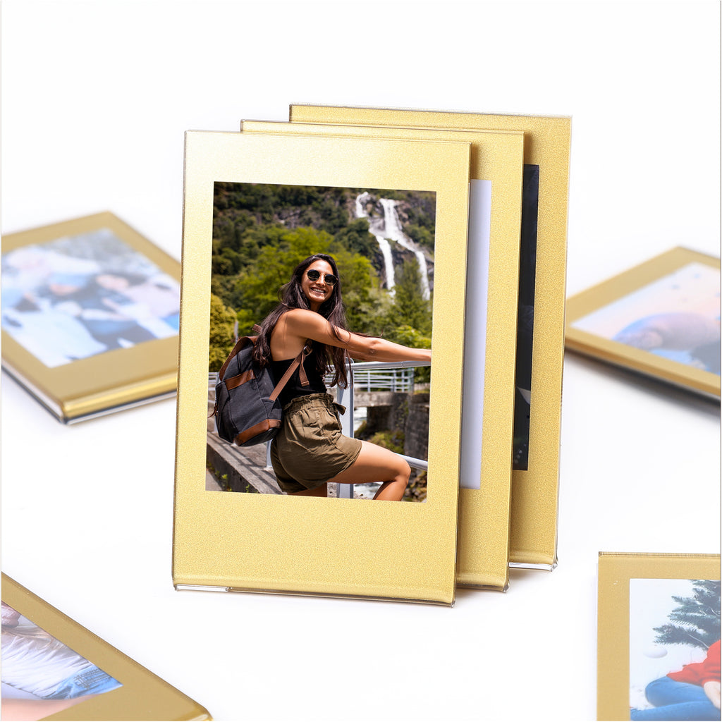 8-Pack Polaroid Fijifilm Mini Printed Gold Acrylic Picture Frame Fridge Magnets - 86x54mm Refrigerator Magnetic Photo Holder for Home Office Cabinet Locker, Decorative Display for Memories