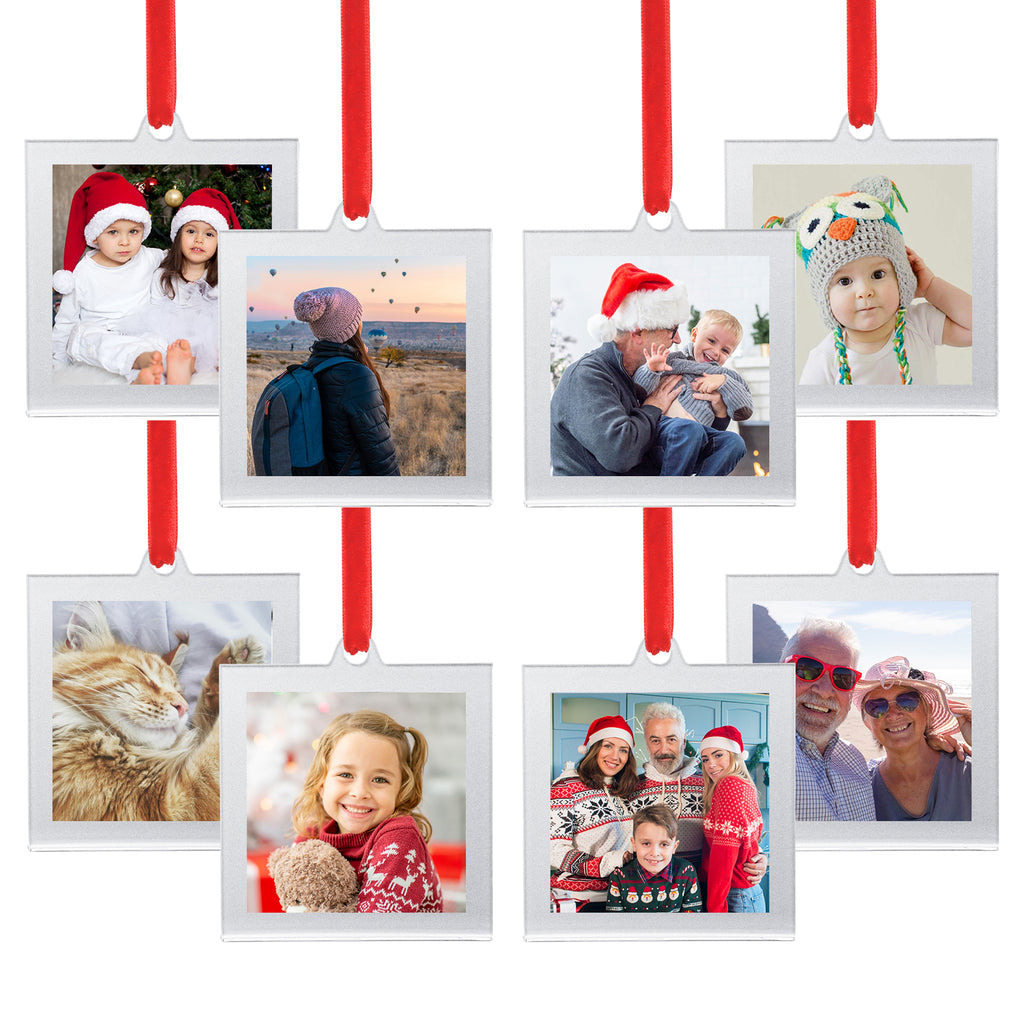 8 Pcs 2.5 x 2.5 inch Christmas Acrylic Silver Photo Frame Ornaments for Display Picture