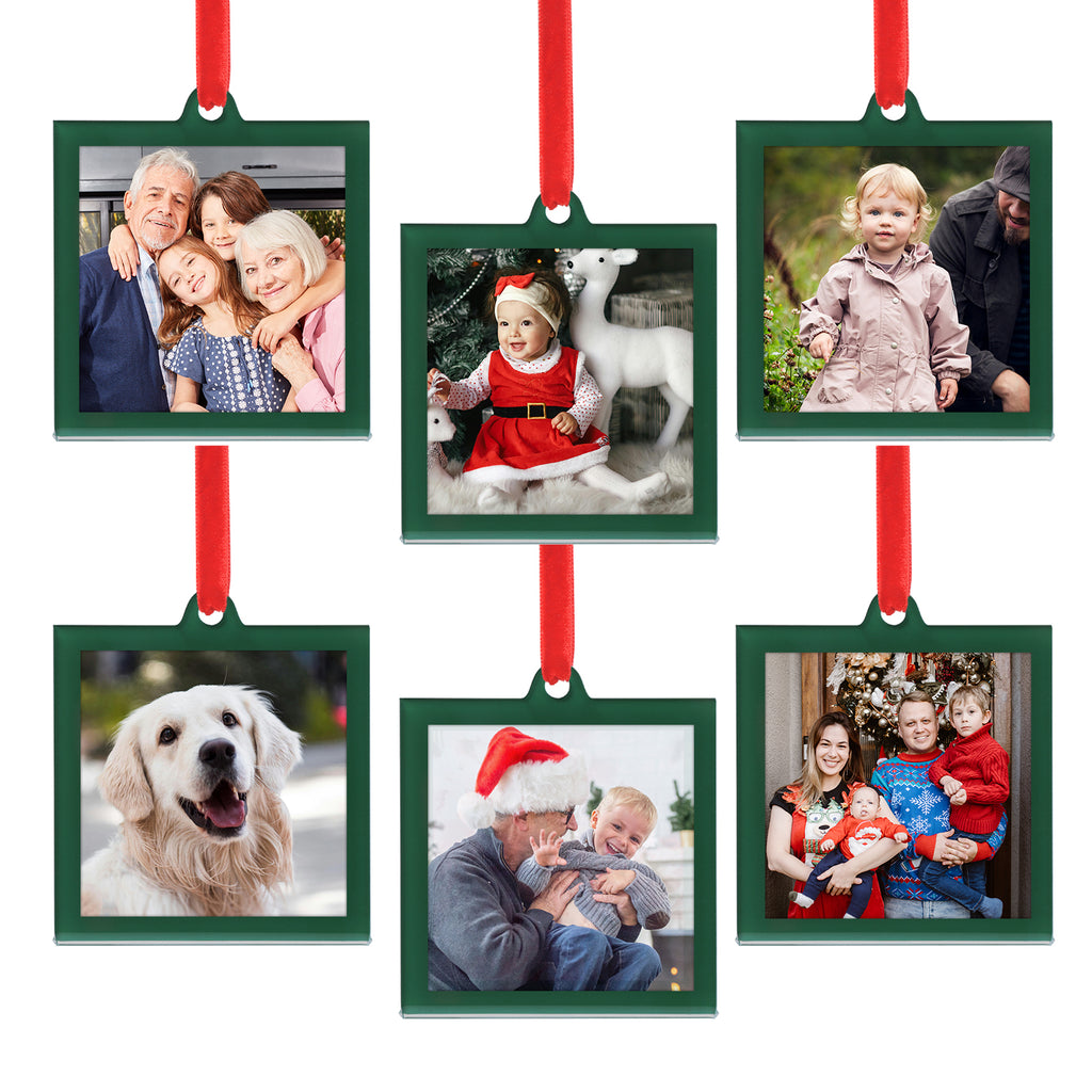 6 Set 3.2 x 3.2 inch Christmas Acrylic Green Photo Frame Ornaments for Display Picture