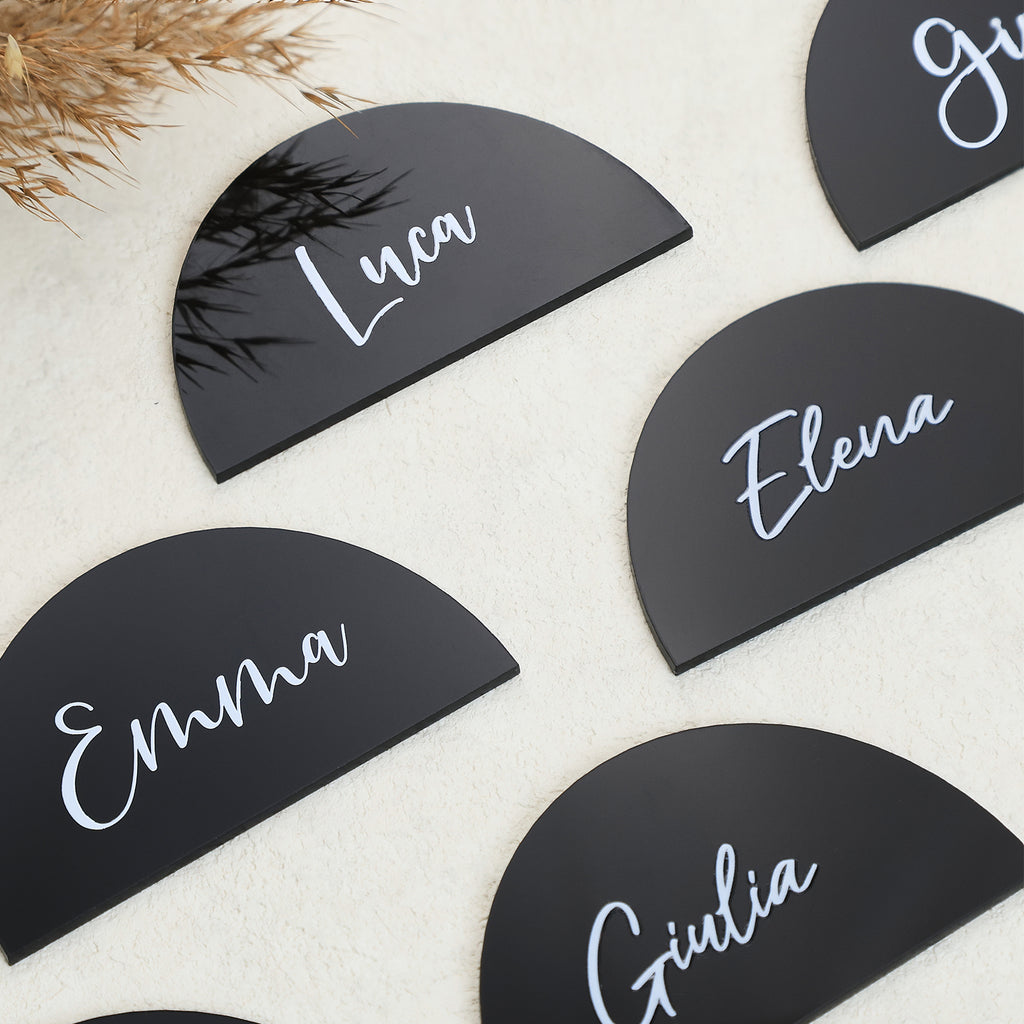 20 Pcs Black Semicircle Acrylic Place Cards, DIY Blank Half Circle Acrylic Sign, 1/8 inch Thick Perfect for Wedding Table Decor, Birthday, Centerpiece, Decoration, Party, Event,3.5x2 inches