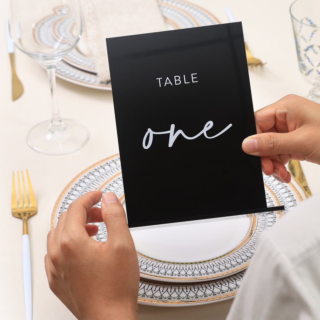 UNIQOOO Black Wedding Double Sided Table Numbers with Stands 1-20 set, 5x7'' Acrylic Signs with Holders and Printed Calligraphy