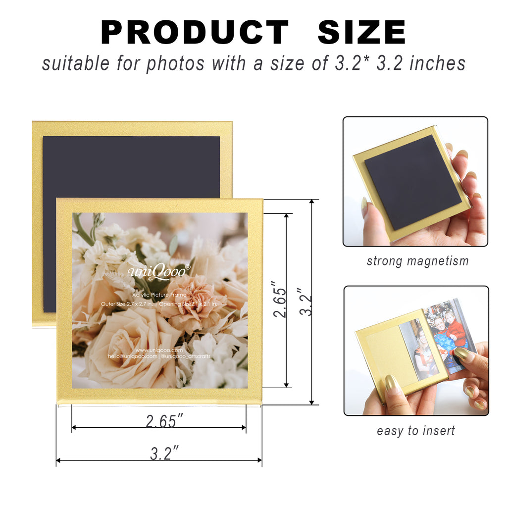 6-Pack Gold-Rimmed Acrylic Fridge Magnet Picture Frames, 3.2" x 3.2" Refrigerator Magnetic Photo Holder for Home Office Cabinet Locker, Decorative Display for Memories