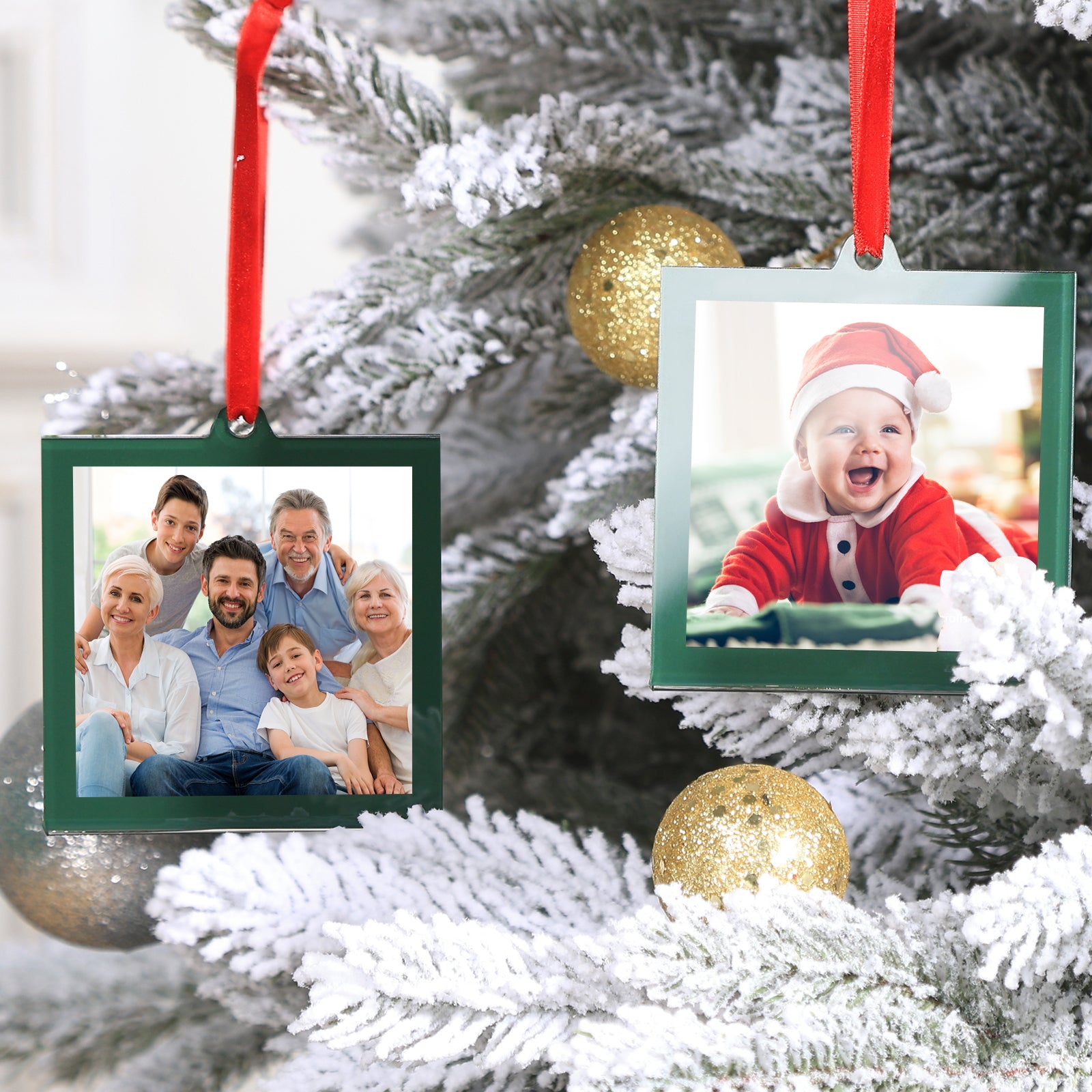 6 Set 3.2 x 3.2 inch Christmas Acrylic Green Photo Frame Ornaments for Display Picture