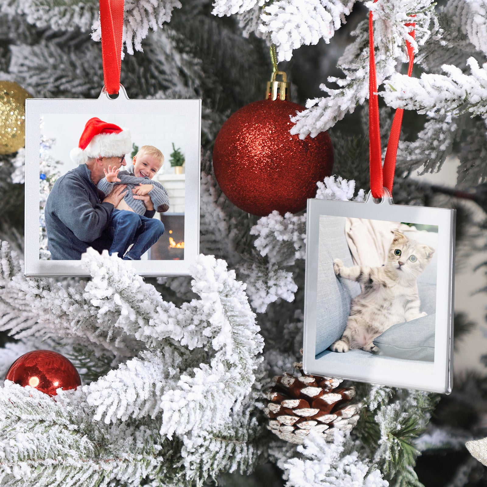 6 Pcs 3.2 x 3.2 inch Christmas Acrylic Silver Photo Frame Ornaments for Display Picture