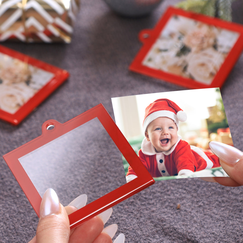 8 Pcs 2.5 x 2.5 inch Christmas Acrylic Red Photo Frame Ornaments for Display Picture