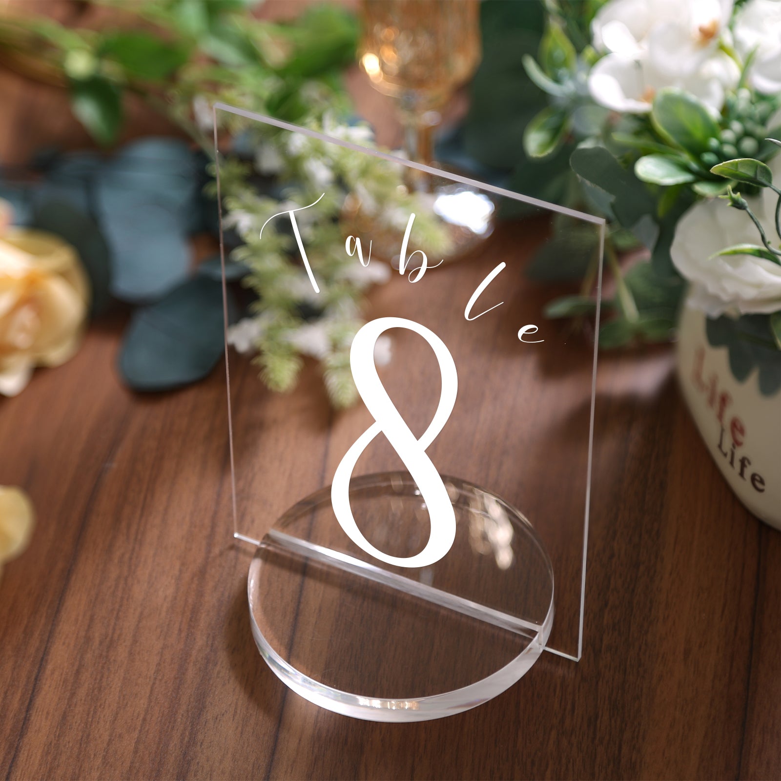 UNIQOOO 4" Clear Acrylic Round Stand |3mm Double-sided Slot Wedding Sign Holders, Perfect for Wedding, Table Number, Exhibition, Office, Restaurant, Business, 4 Count