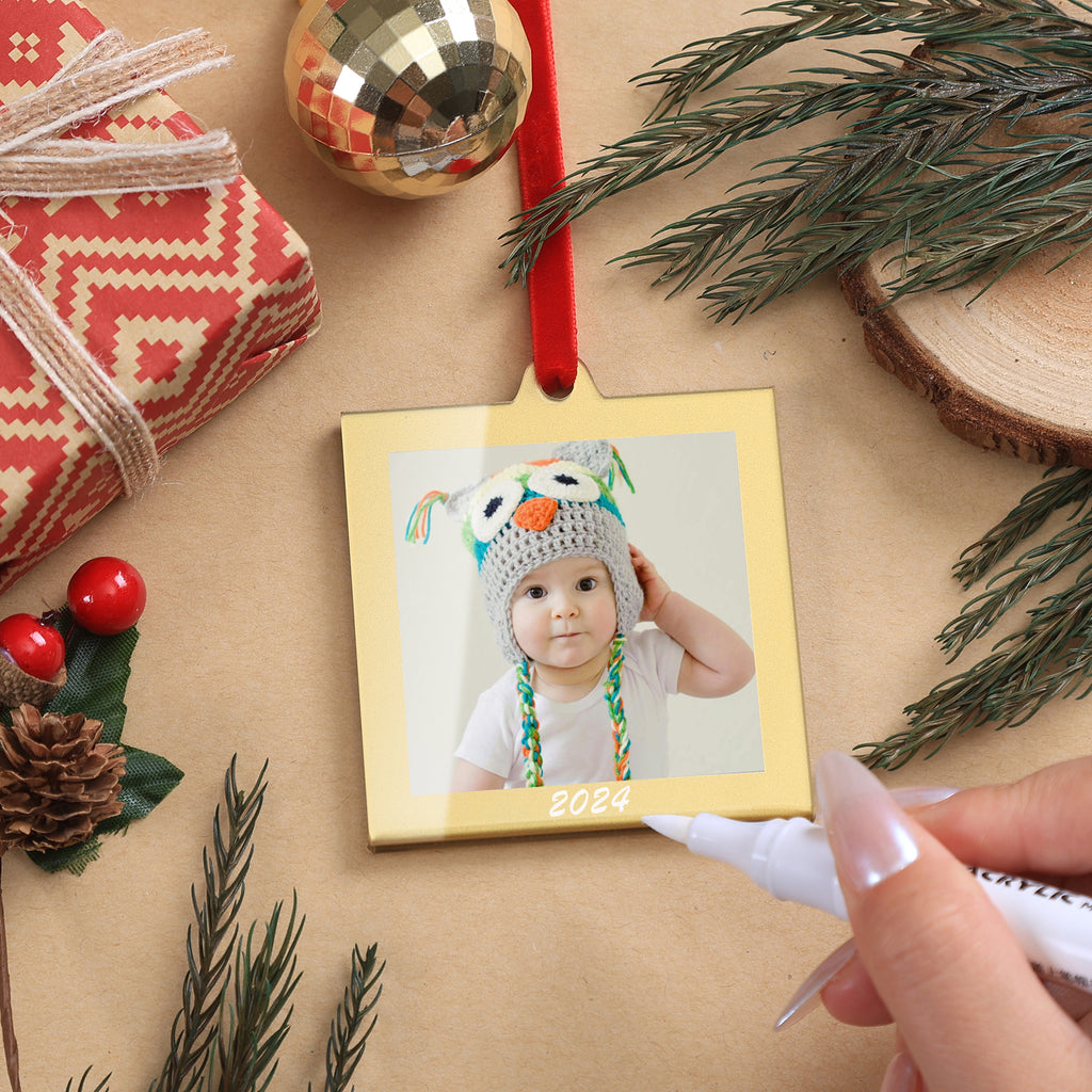 8 Pcs 2.5 x 2.5 inch Christmas Acrylic Gold Photo Frame Ornaments for Display Picture