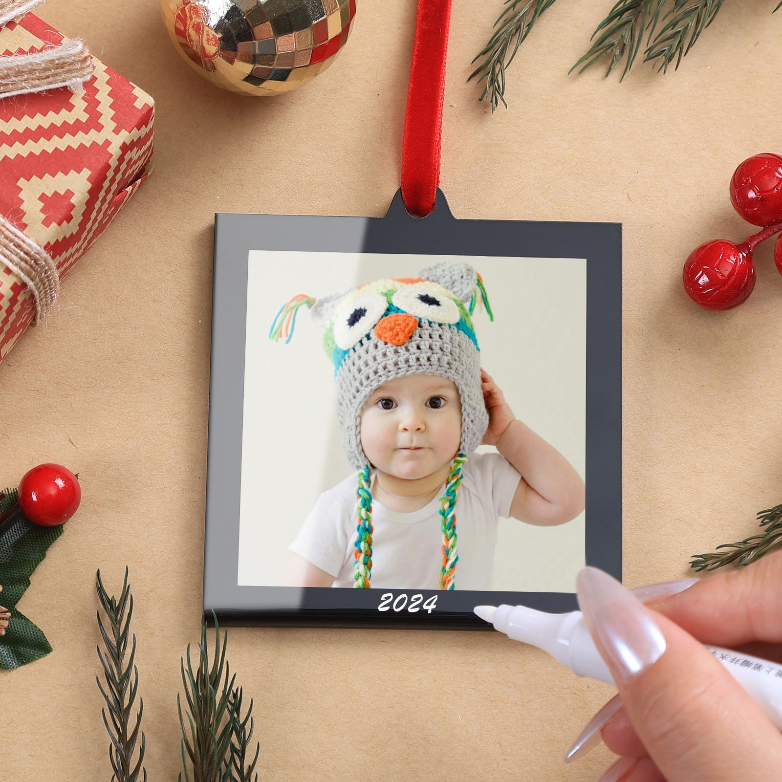 6 Pcs 3.2 x 3.2 inch Christmas Acrylic Black Photo Frame Ornaments for Display Picture