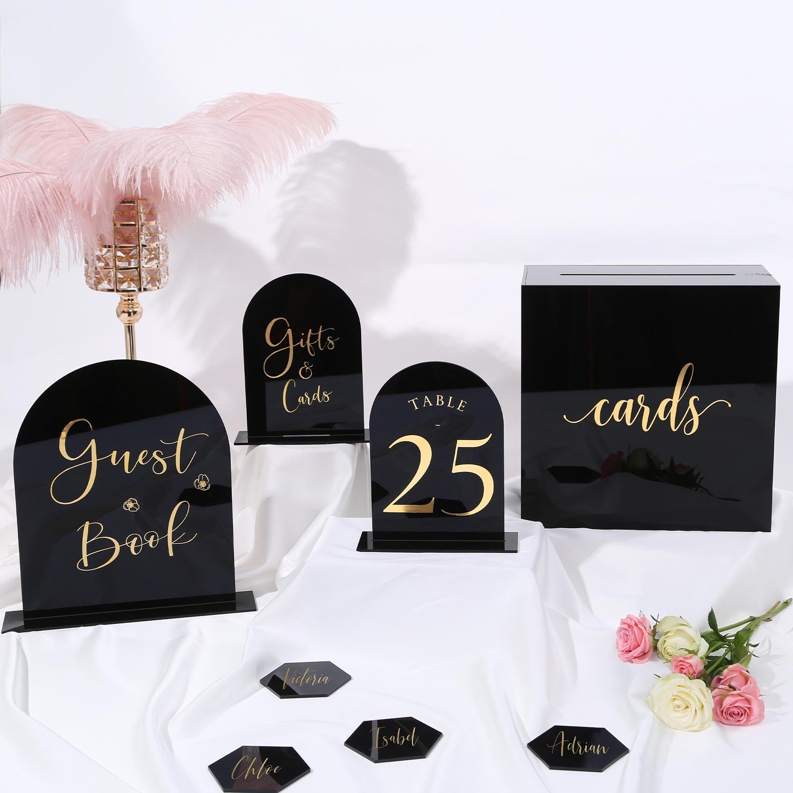 UNIQOOO Black Arch Wedding Table Numbers with Stands 1-30, 5x7 Double Sided Acrylic Signs and Holders