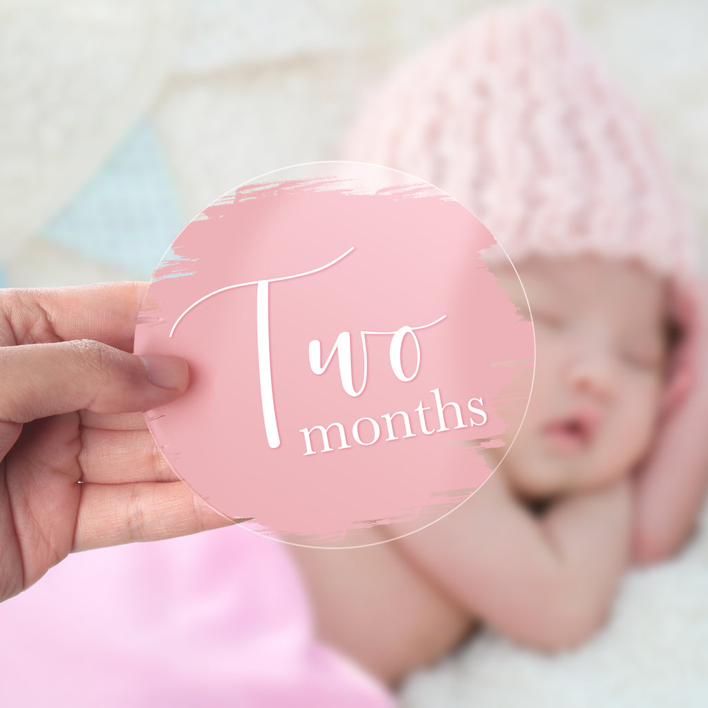 UNIQOOO 13Pcs Pink Baby Monthly Milestone Marker Discs Handmade-Style Printed|Acrylic Milestone Cards for Baby Announcement