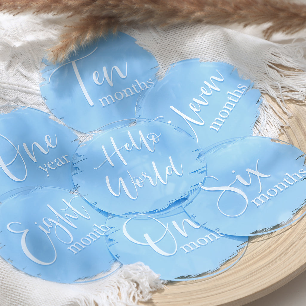 UNIQOOO 13Pcs Blue Baby Monthly Milestone Marker Discs Handmade-Style Printed|Acrylic Milestone Cards for Baby Announcement