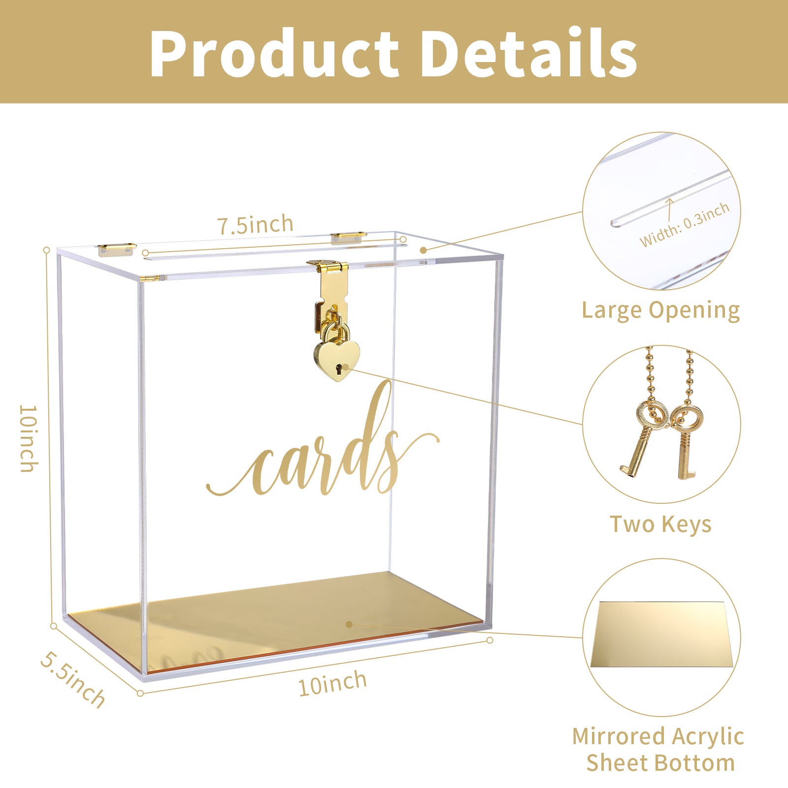 Clear Acrylic Card Box w/Lock, Thick Wedding Box w/Slot Gold Foil Print