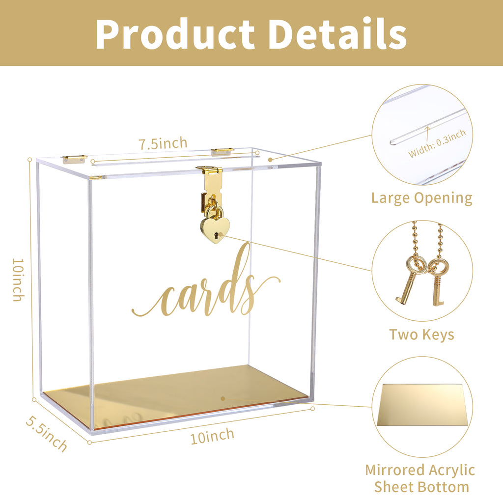 Clear Acrylic Card Box w/Lock, Thick Wedding Box w/Slot Gold Foil Print