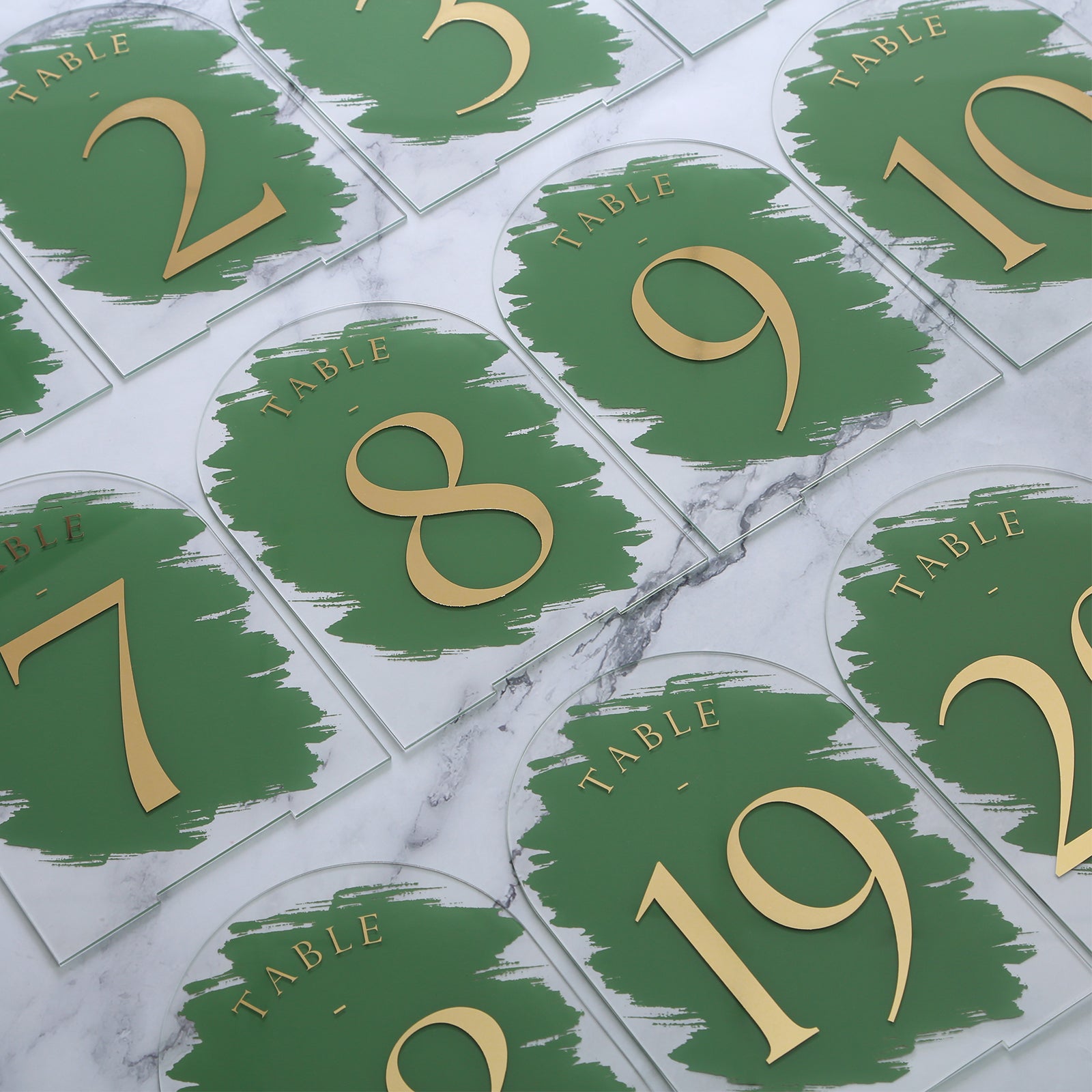 Turf Green Painted Arch Wedding Table Numbers with Stands 1-20