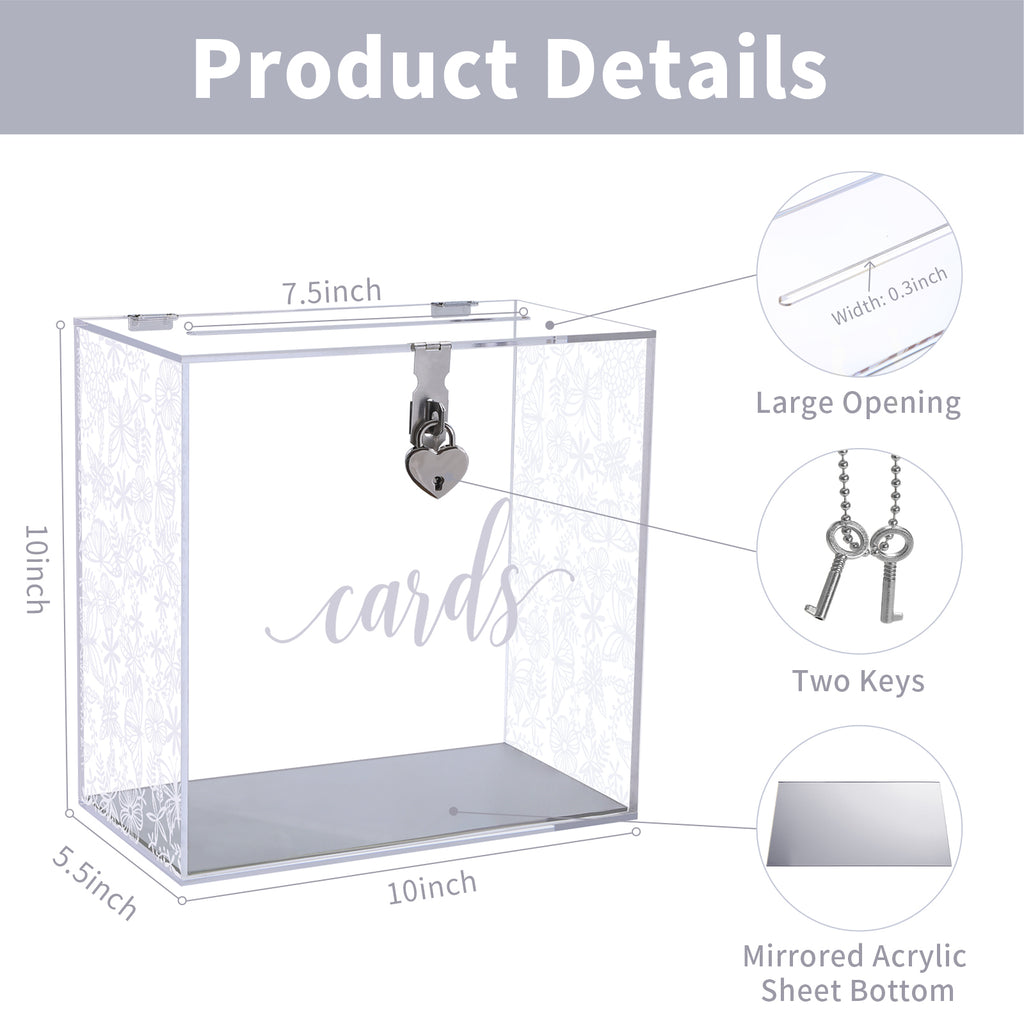 Clear Acrylic Card Box w/Lock, Thick Silver Wedding Box w/Slot White Floral Print