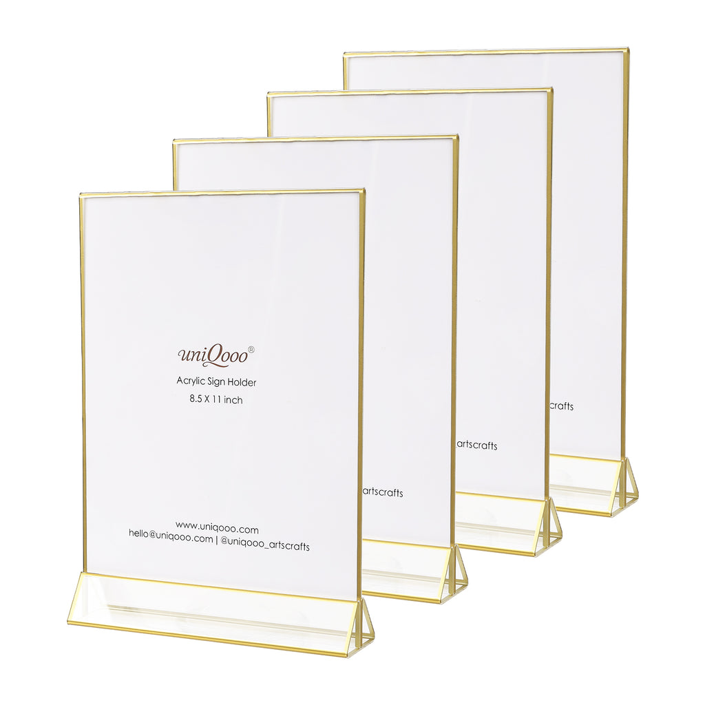 UNIQOOO Acrylic Sign Holders with Golden Border, Portrait View, Pack of 4 | 8.5x11 Inches Double Sided Clear Frame