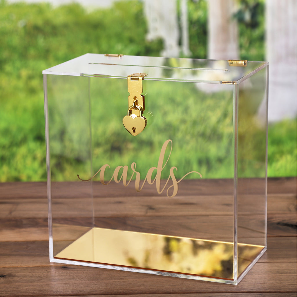 Clear Acrylic Card Box w/Lock, Thick Wedding Box w/Slot Gold Foil Print