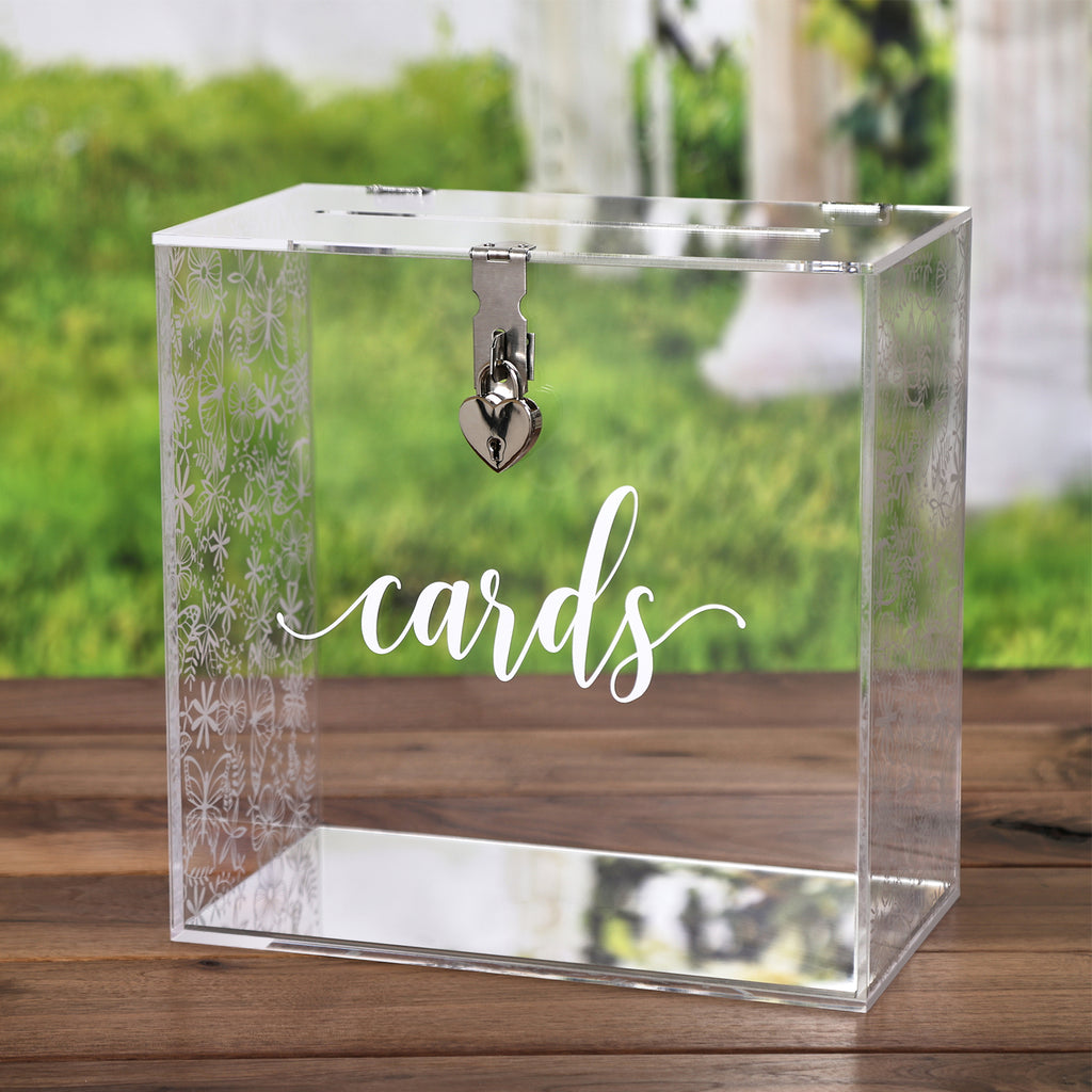 Clear Acrylic Card Box w/Lock, Thick Silver Wedding Box w/Slot White Floral Print