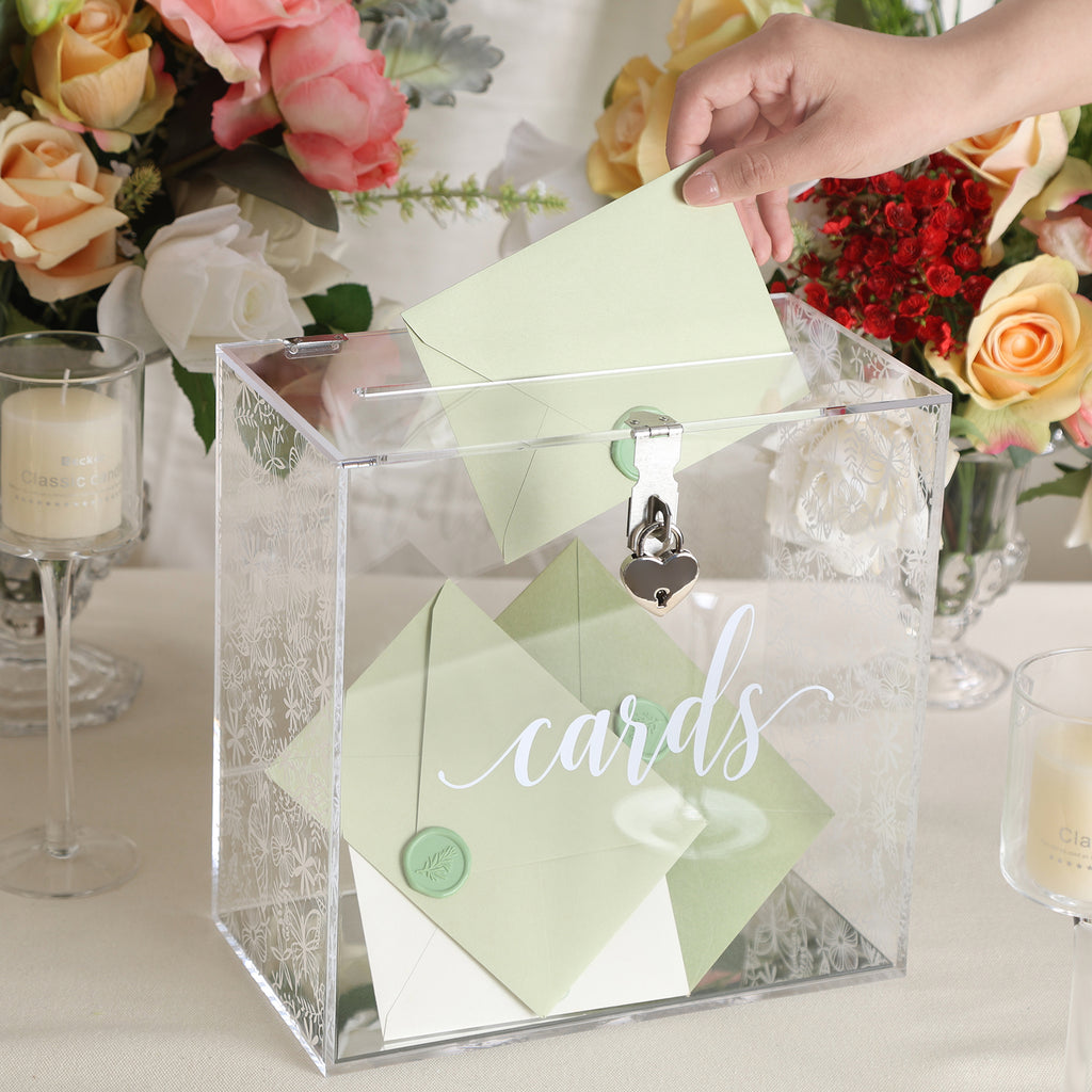 Clear Acrylic Card Box w/Lock, Thick Silver Wedding Box w/Slot White Floral Print