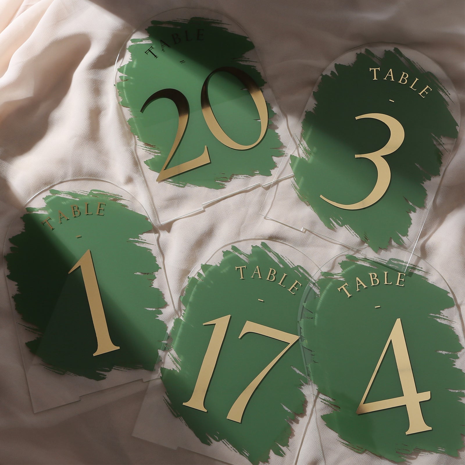 Turf Green Painted Arch Wedding Table Numbers with Stands 1-20