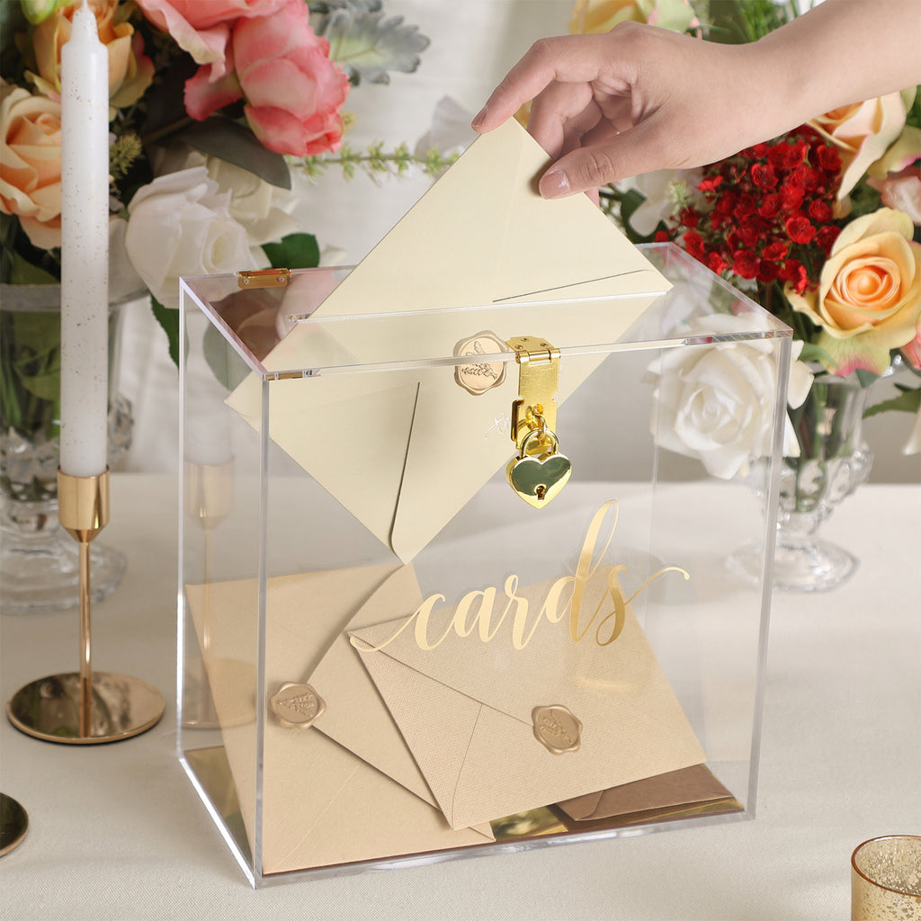 Clear Acrylic Card Box w/Lock, Thick Wedding Box w/Slot Gold Foil Print