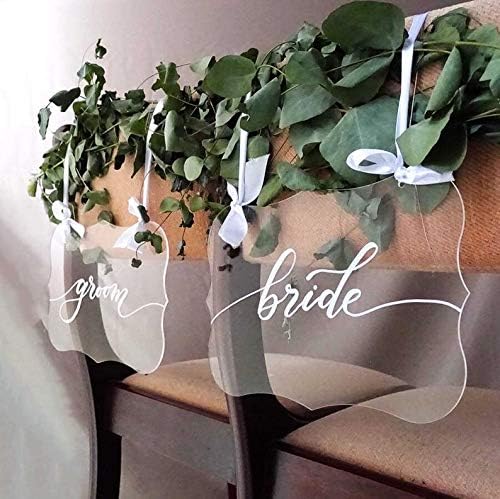 Custom DIY Clear Blank Acrylic Hanging Sign | Elegant Wedding Chair Signs White Satin Ribbon For Bride & Groom , 8x12 inch, Pack of 160