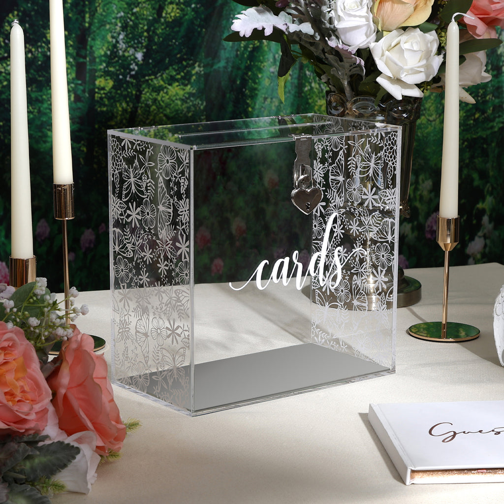 Clear Acrylic Card Box w/Lock, Thick Silver Wedding Box w/Slot White Floral Print