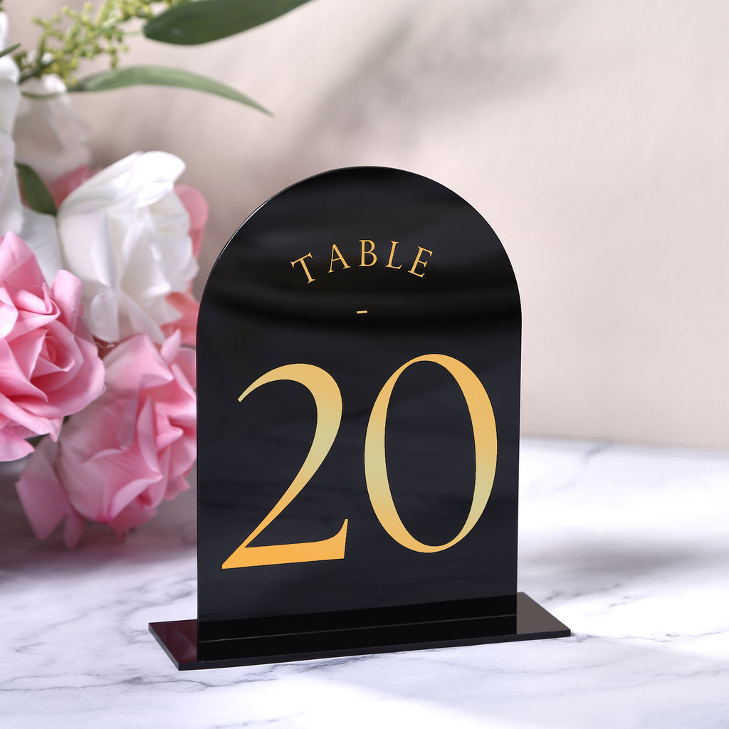 UNIQOOO Black Arch Wedding Table Numbers with Stands 1-30, 5x7 Double Sided Acrylic Signs and Holders