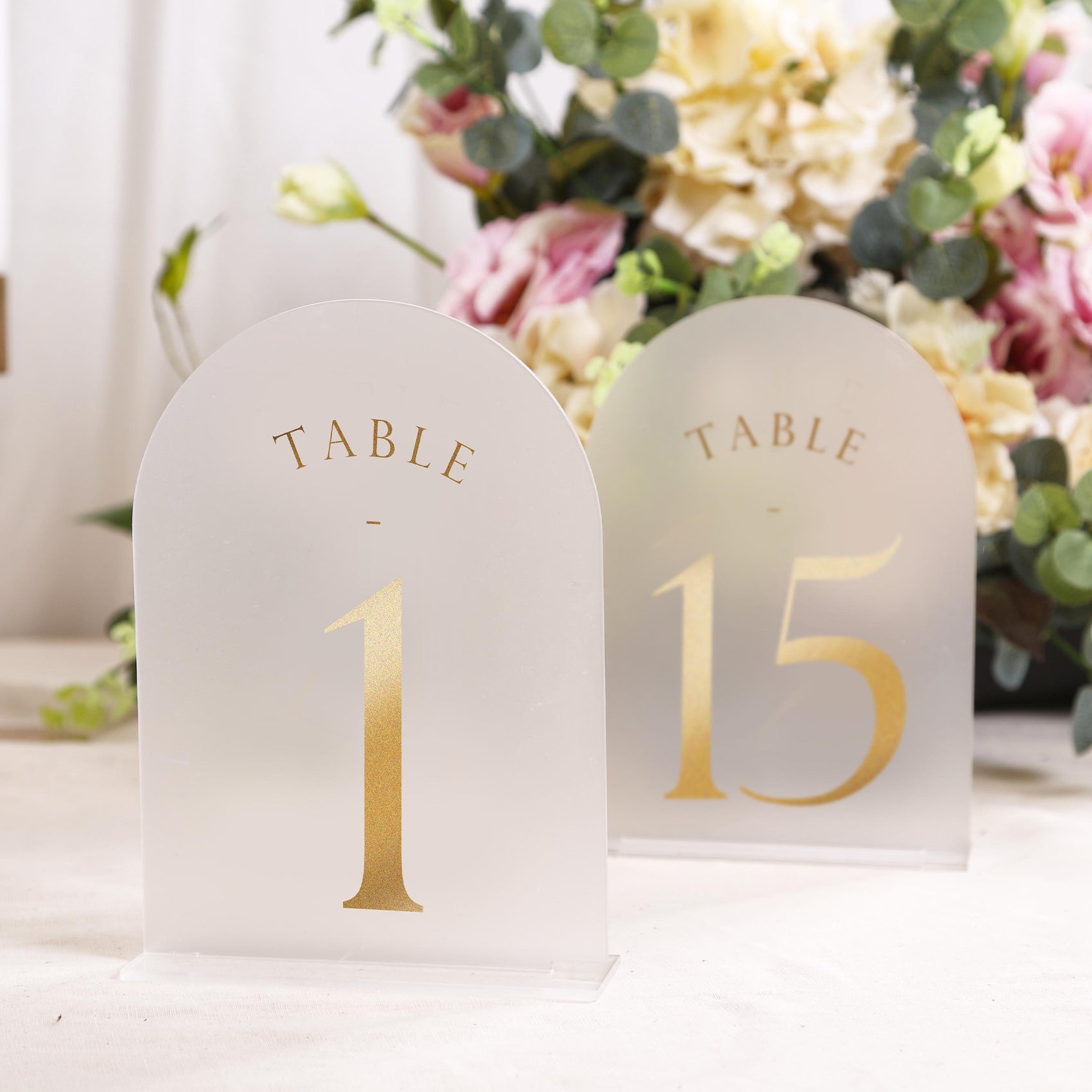 Frosted Arch Wedding Table Numbers with Stands 1-30