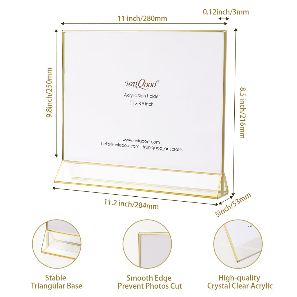 UNIQOOO Acrylic Sign Holders with Golden Border, Portrait View, Pack of 4 | 11x8.5 Inches Double Sided Clear Frame