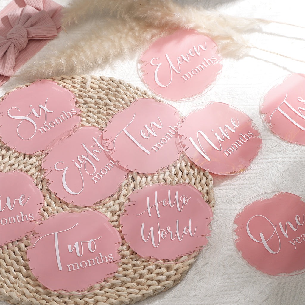 UNIQOOO 13Pcs Pink Baby Monthly Milestone Marker Discs Handmade-Style Printed|Acrylic Milestone Cards for Baby Announcement