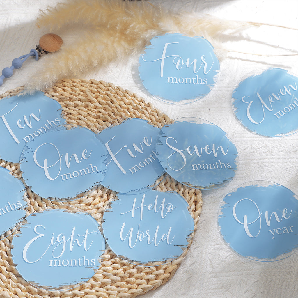 UNIQOOO 13Pcs Blue Baby Monthly Milestone Marker Discs Handmade-Style Printed|Acrylic Milestone Cards for Baby Announcement