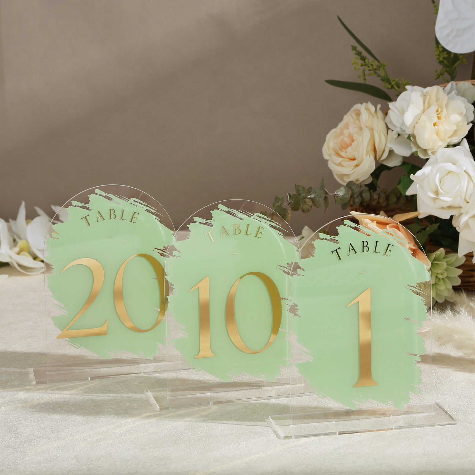 Sage Green Painted Arch Wedding Table Numbers with Stands 1-20