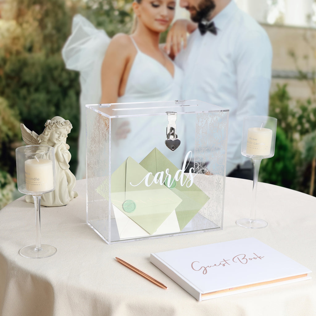 Clear Acrylic Card Box w/Lock, Thick Silver Wedding Box w/Slot White Floral Print