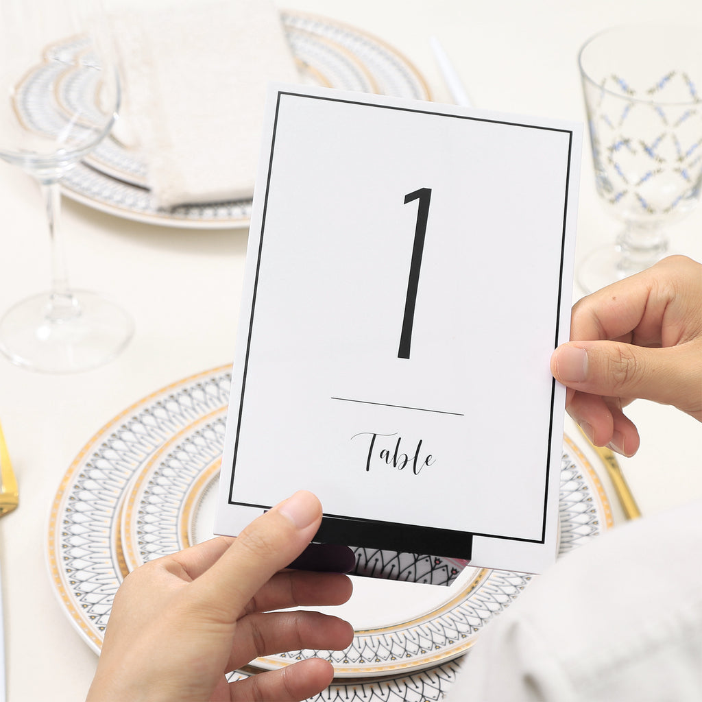 UNIQOOO White Wedding Table Numbers with Stands 1-15 set, 5x7'' Acrylic Signs with Holders and Printed Calligraphy