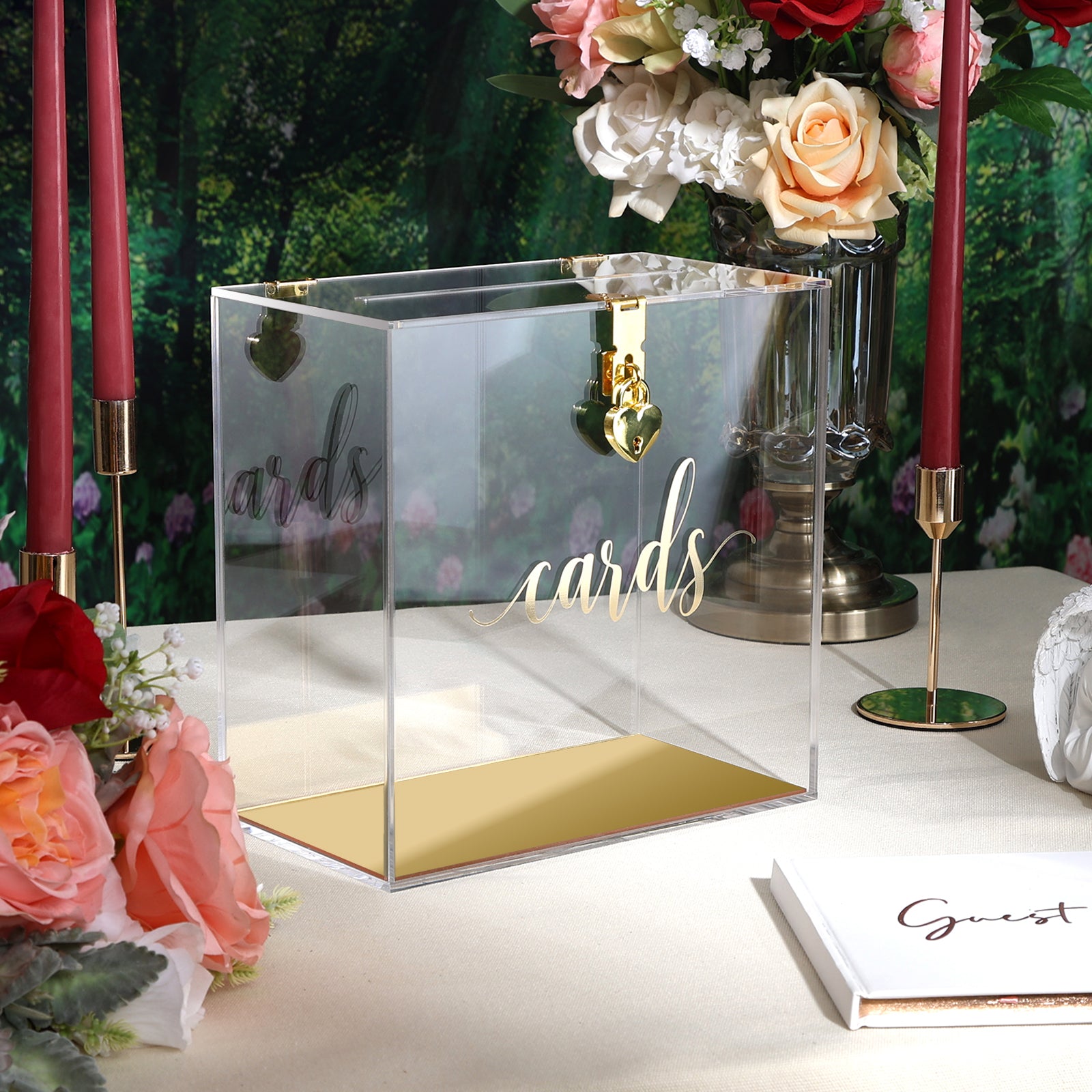 Clear Acrylic Card Box w/Lock, Thick Wedding Box w/Slot Gold Foil Print