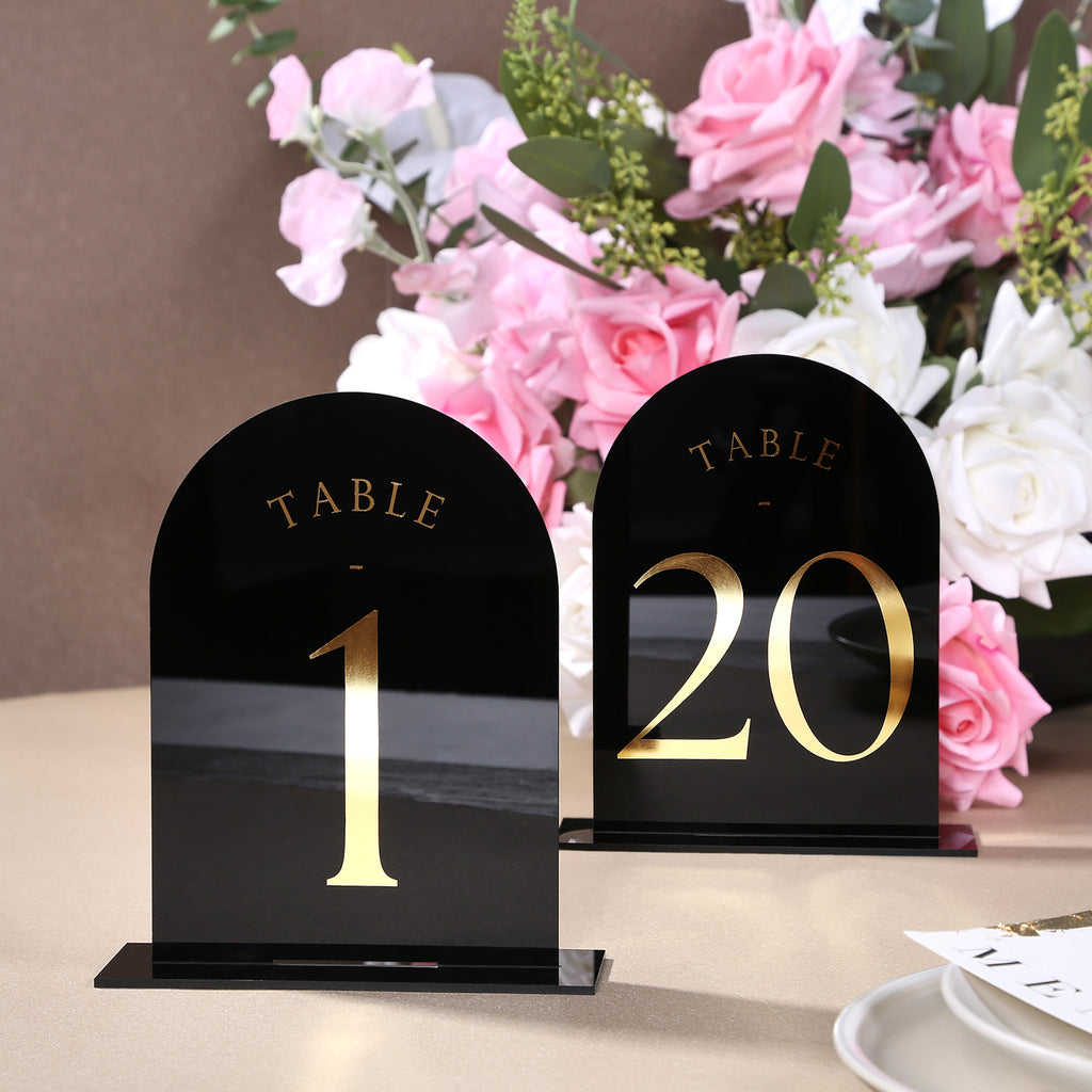 UNIQOOO Black Arch Wedding Table Numbers with Stands 1-30, 5x7 Double Sided Acrylic Signs and Holders