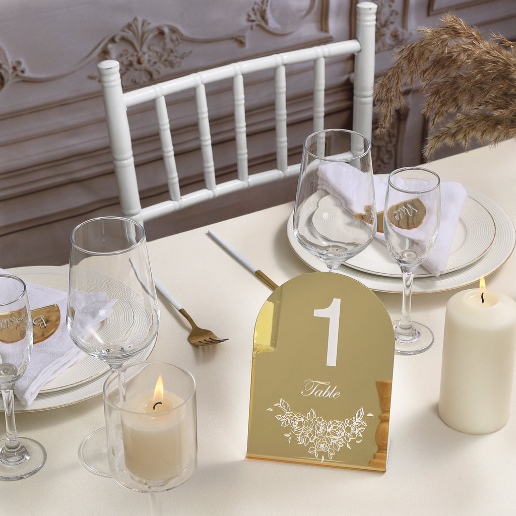 UNIQOOO Gold Mirror Wedding Table Numbers with Stands 1-15 set, 5x7'' Acrylic Arch Signs with Holders and Printed Calligraphy