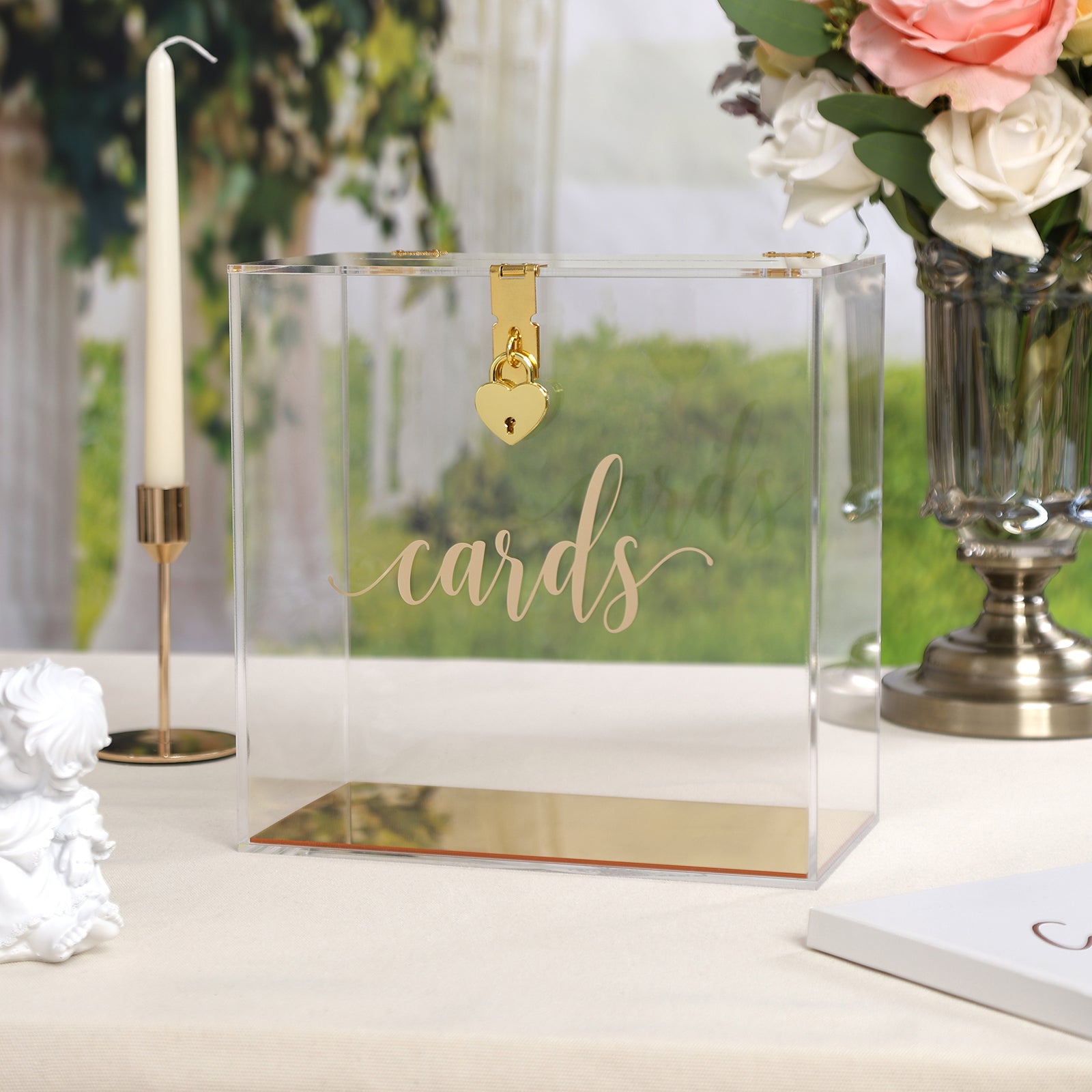 Clear Acrylic Card Box w/Lock, Thick Wedding Box w/Slot Gold Foil Print