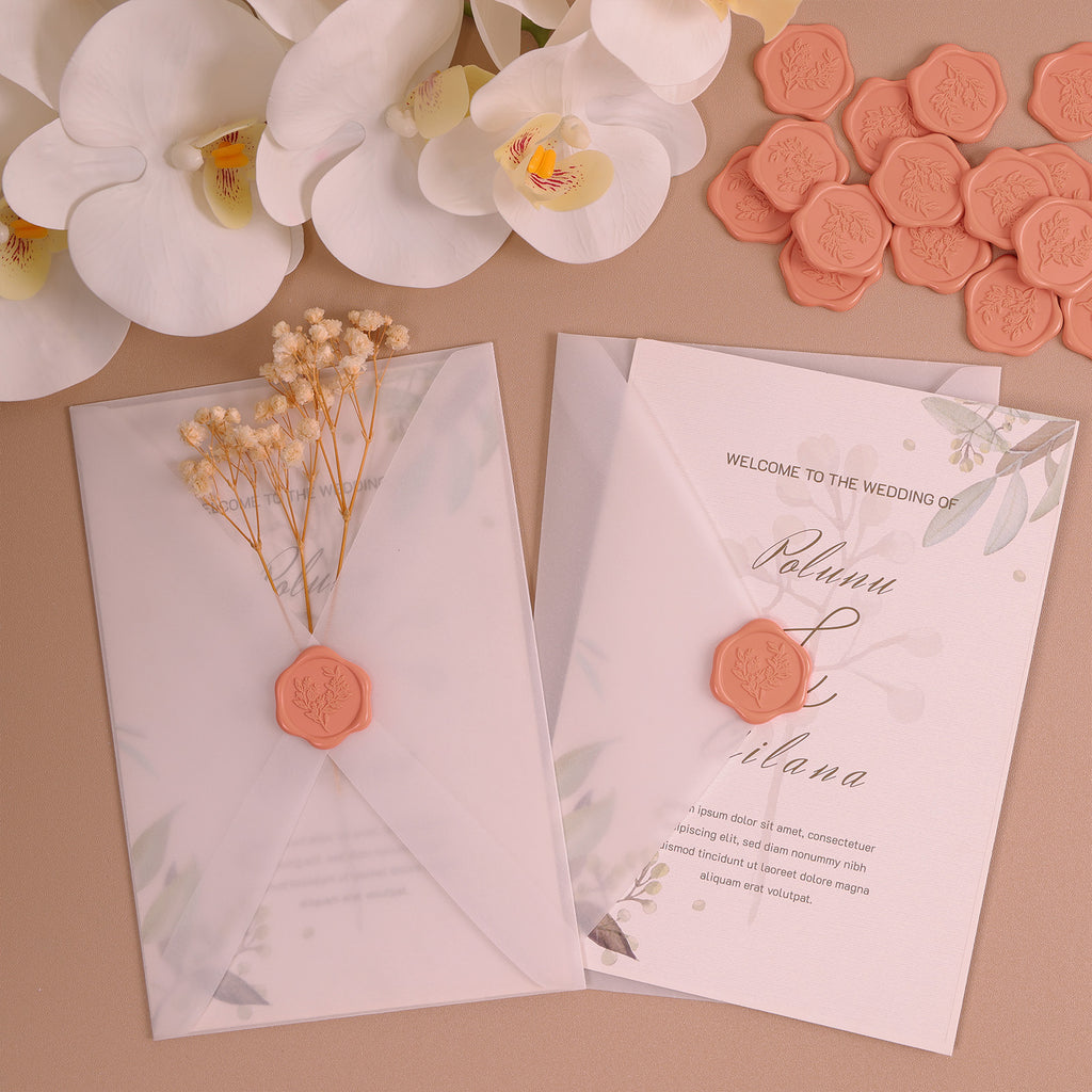 Wax Seal Stickers - Eucalyptus Wedding Invitation Envelope Seal Stickers, 50 Pcs Self- Adhesive Coral Peach Stickers