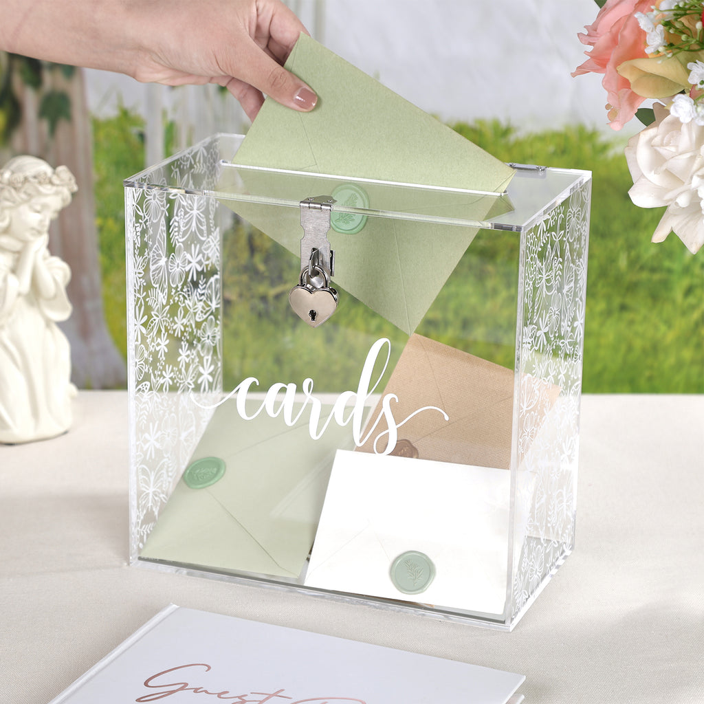 Clear Acrylic Card Box w/Lock, Thick Silver Wedding Box w/Slot White Floral Print