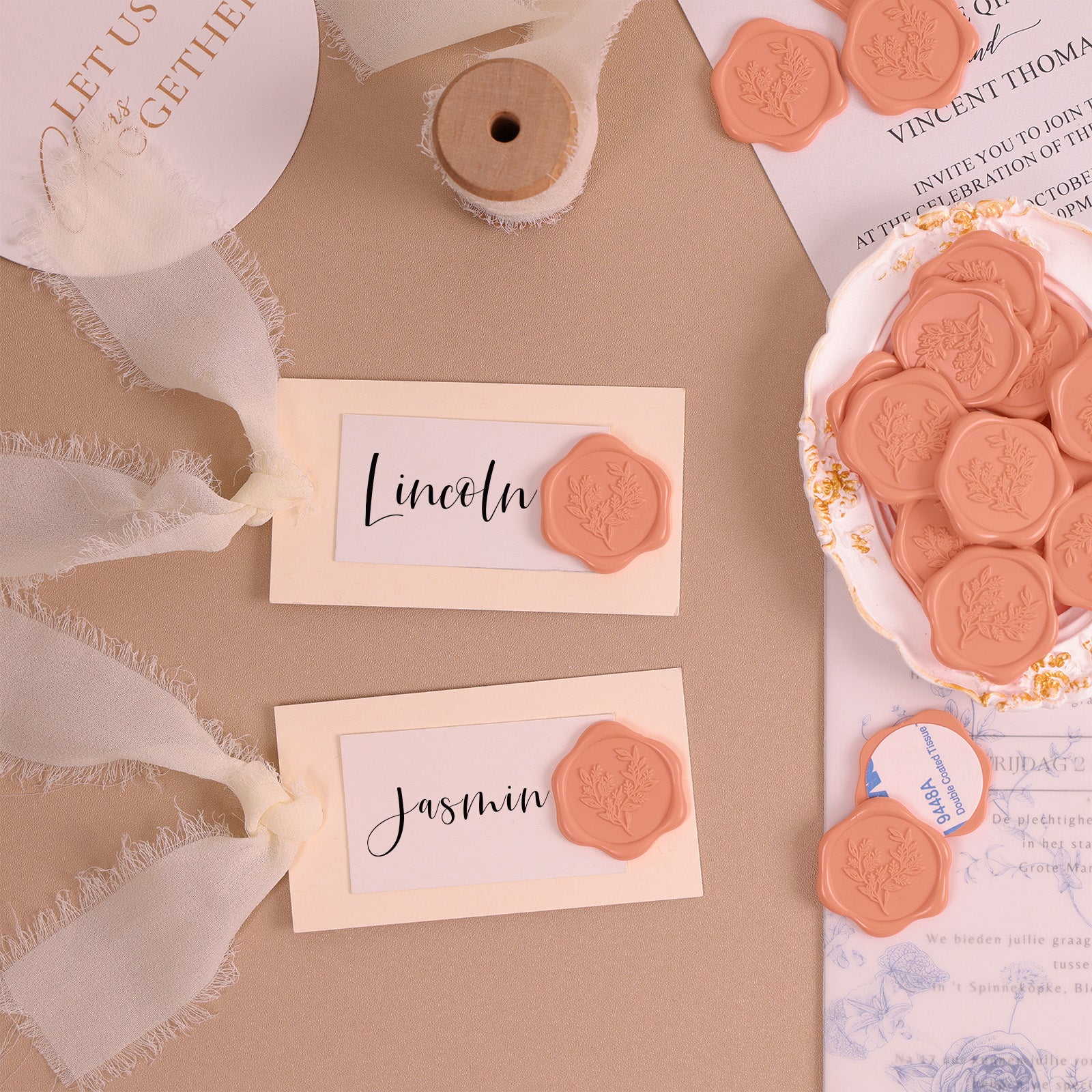 Wax Seal Stickers - Eucalyptus Wedding Invitation Envelope Seal Stickers, 50 Pcs Self- Adhesive Coral Peach Stickers