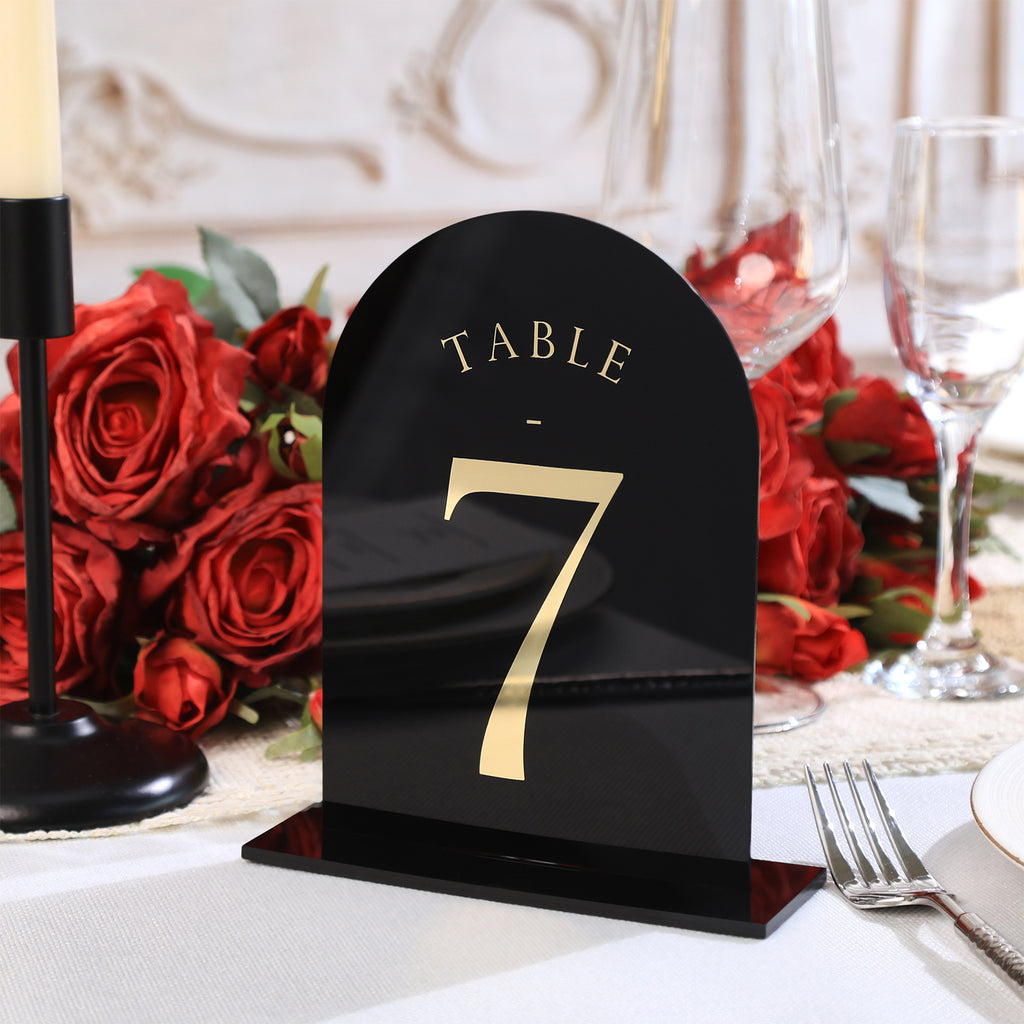 UNIQOOO Black Arch Wedding Table Numbers with Stands 1-30, 5x7 Double Sided Acrylic Signs and Holders