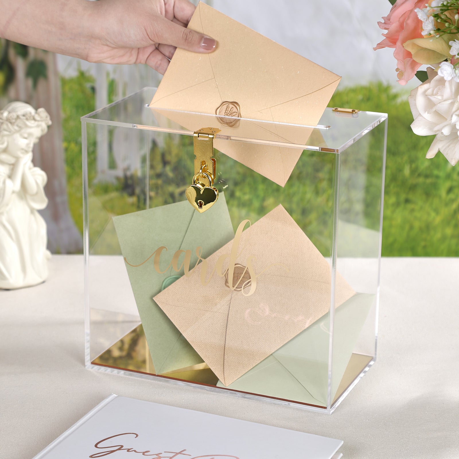 Clear Acrylic Card Box w/Lock, Thick Wedding Box w/Slot Gold Foil Print