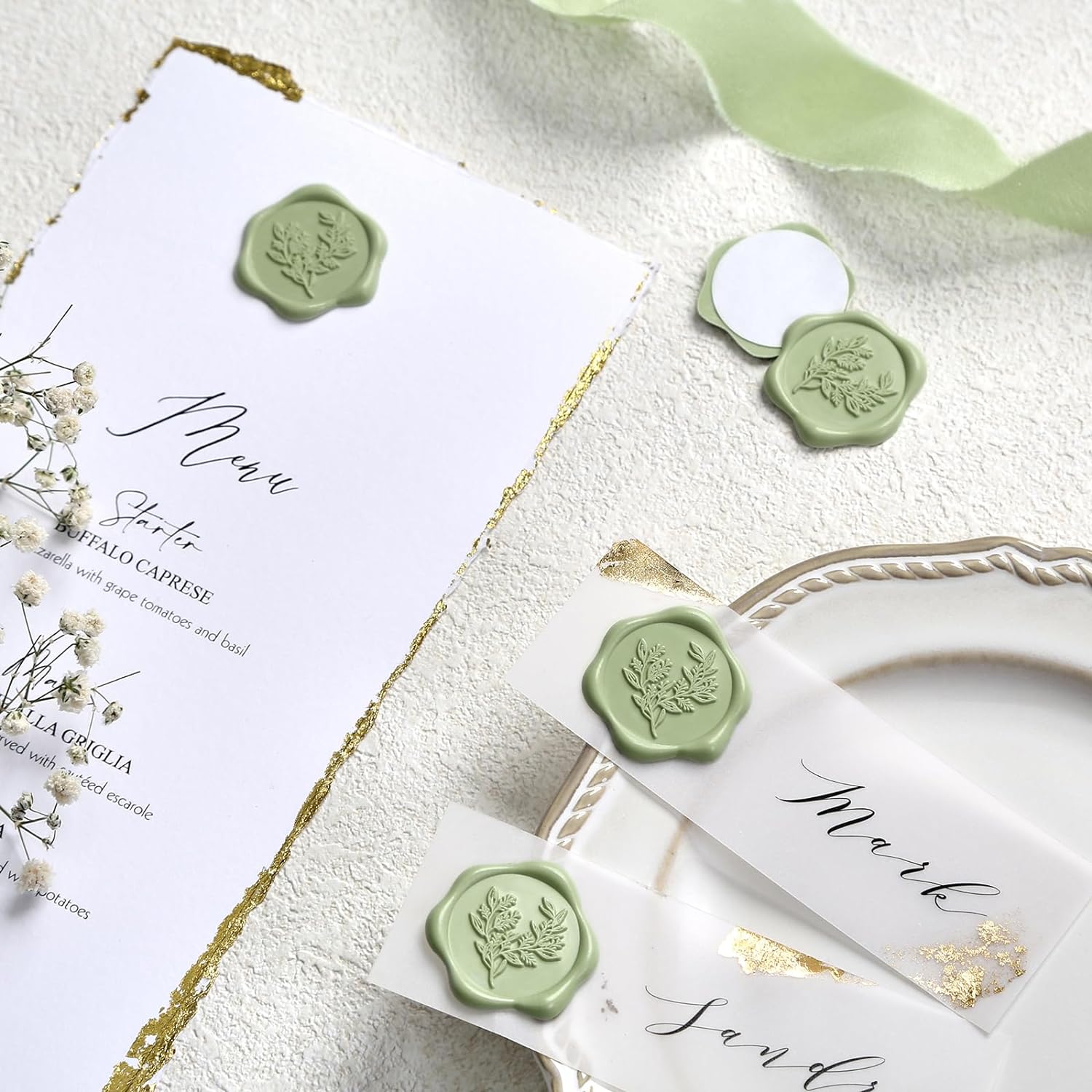 Wax Seal Stickers - Wedding Invitation Envelope Seal Stickers Self Adhesive Sage Green Stickers, Eucalyptus, 50pcs