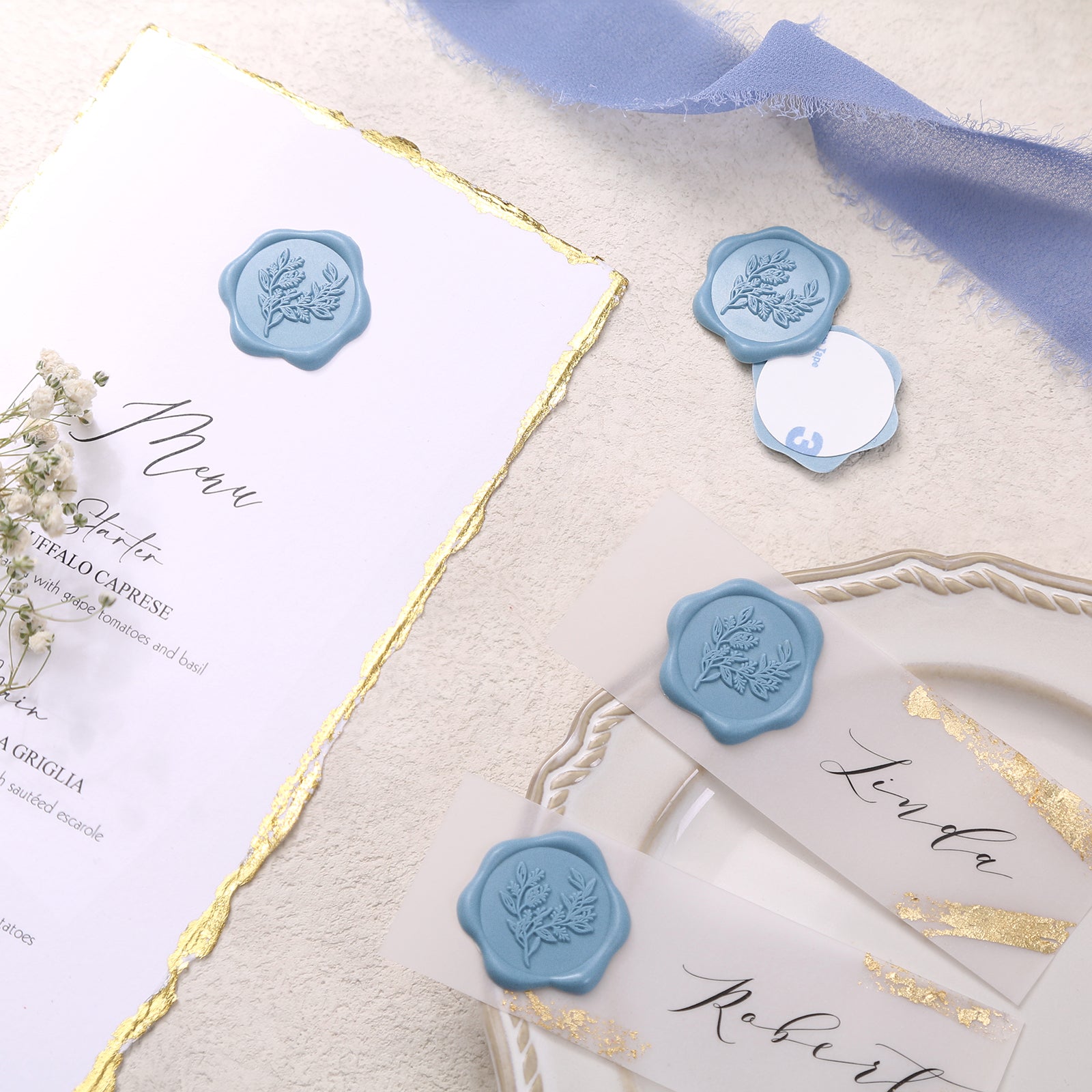 Wax Seal Stickers - Wedding Invitation Envelope Seal Stickers Self Adhesive Dusty Blue Stickers, Eucalyptus, 50pcs